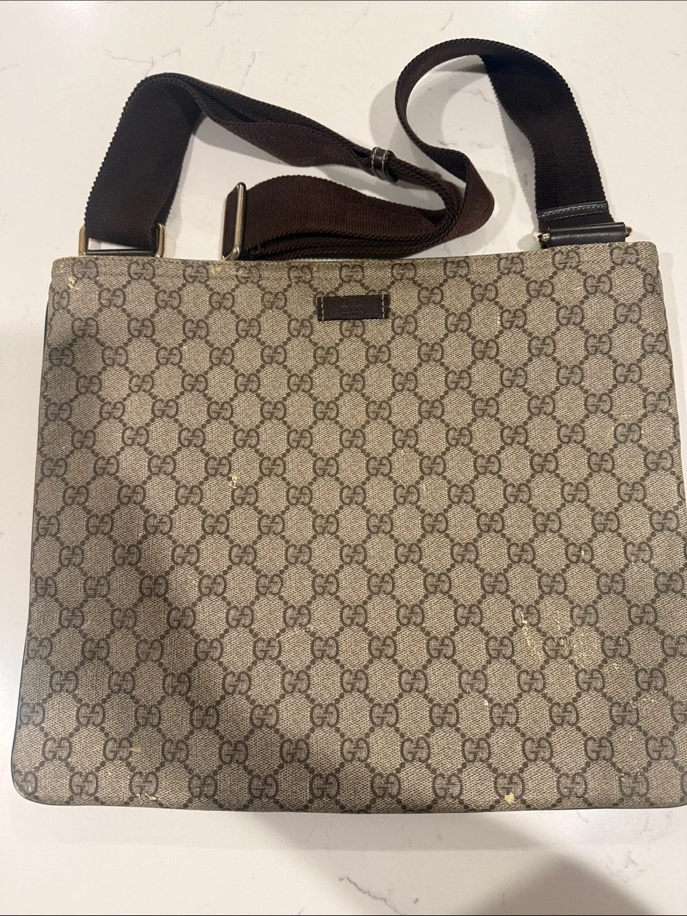 Gucci Beige Brown GG Monogram Canvas Messenger Bag